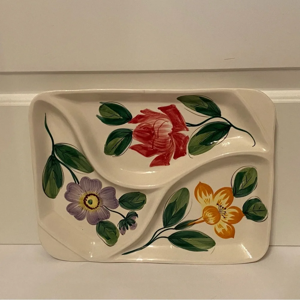 ITALY TRAY PARTY PLATTER VINTAGE HAND PAINTED CERAMIC WHITE FLORAL RECTANGLE